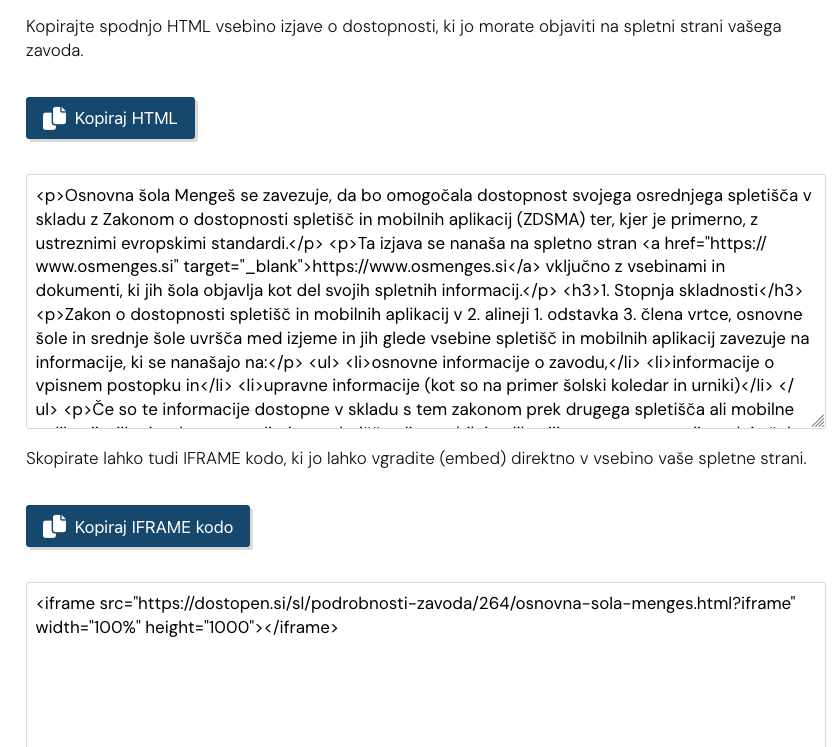 Posnetek zaslona: urejanje podatkov zavoda možnosti kopiranja izjave o skladnosti